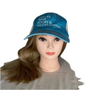 Adams Trucker Hat Womens strap back Blue Coffee Wine Books Wildflowers